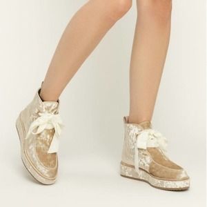 Cream and Tan Velvet Ankle Boots